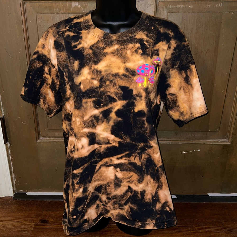 Zumiez Black Custom Acid Wash Magic Mushroom Graphic Grunge Hippie Shirt Size L - Picture 5 of 10